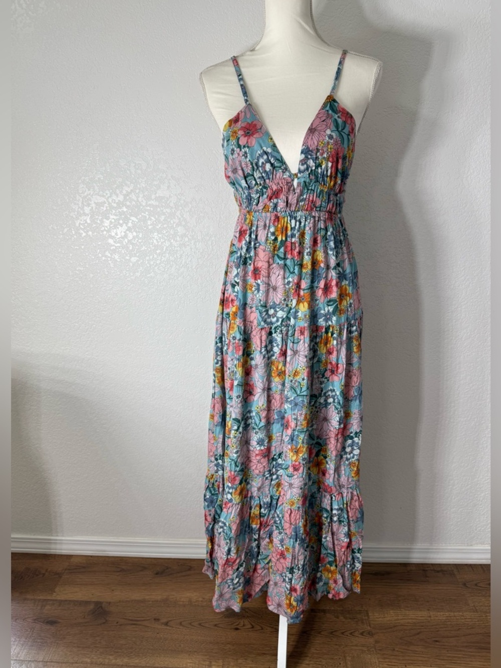 ANGIL L Floral V-Neck Spaghetti Strap Maxi Dress Rayon - Blue/Pink/Yellow